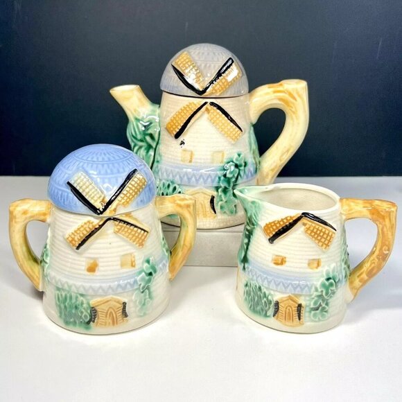 Vintage Ceramic Windmill Tea Set Made in Japan Hand Painted Teapot Sugar Creamer - Picture 1 of 14